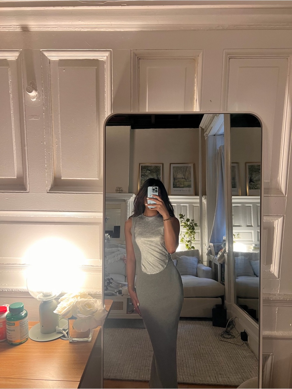 Loewe Silver and Grey Sleeveless Midi Dress
